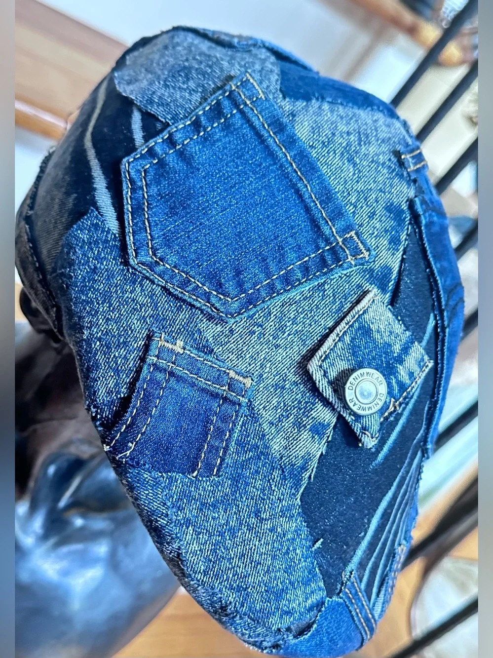 Upcycled Denim Patchwork Newsboy Cap - Blue size L/XL